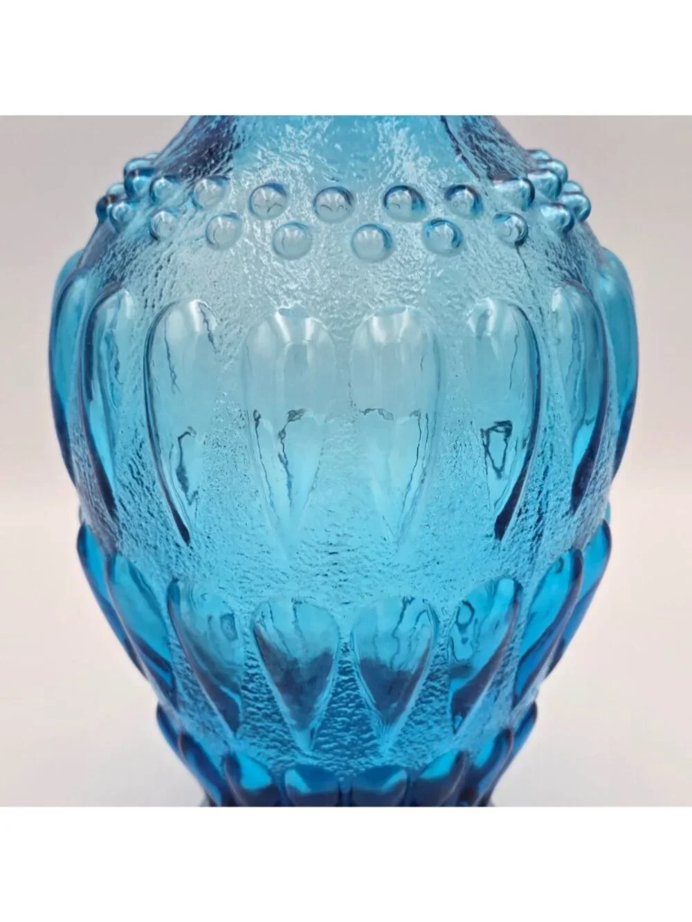 VTG Blue Glass Vase Embossed Teardrops & Bubble Design Decorative Accent 10.75